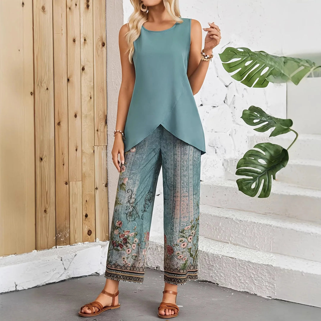 Fashionable Sleeveless Asymmetric Vest Pants Set 2026 New Women's Cross-Border Clothing Plant Floral Print Elegant Commute Style