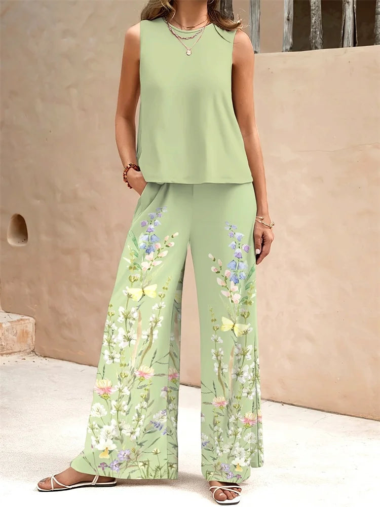 Retro Fashion Floral Fashion Casual Women's 2pcs Set, Urban Street Sleeveless Round-neck Top And Long Pants Fashion Set