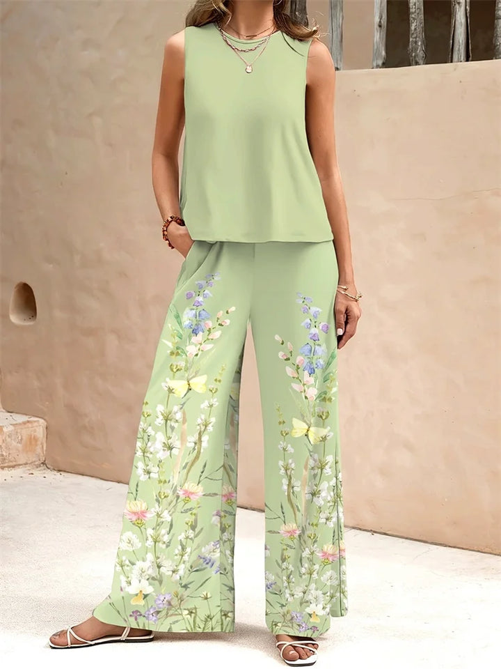 Retro Fashion Floral Fashion Casual Women's 2pcs Set, Urban Street Sleeveless Round-neck Top And Long Pants Fashion Set