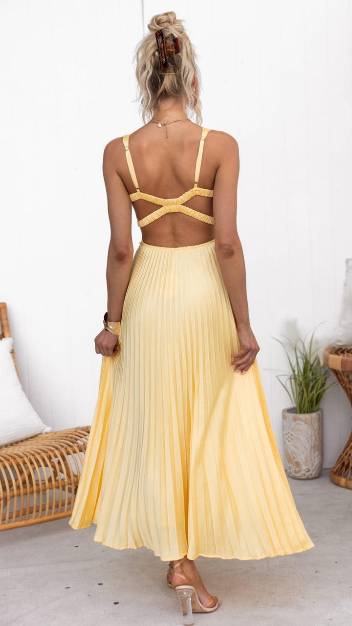 Victoria™ - Yellow Pleated Wedding Guest Maxi Dress