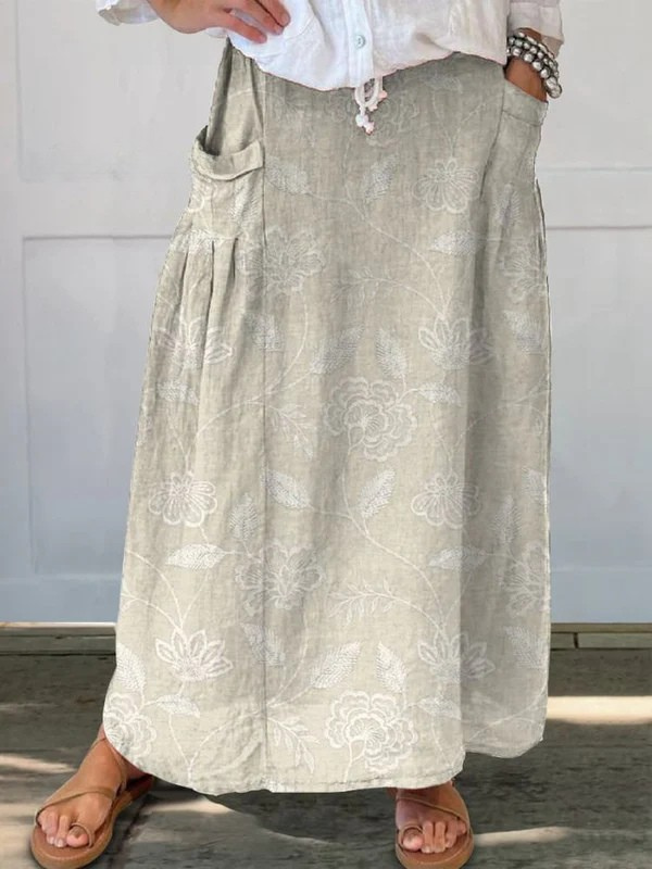 Women's Vintage Floral Art Linen Elastic waistband Pocket Skirt