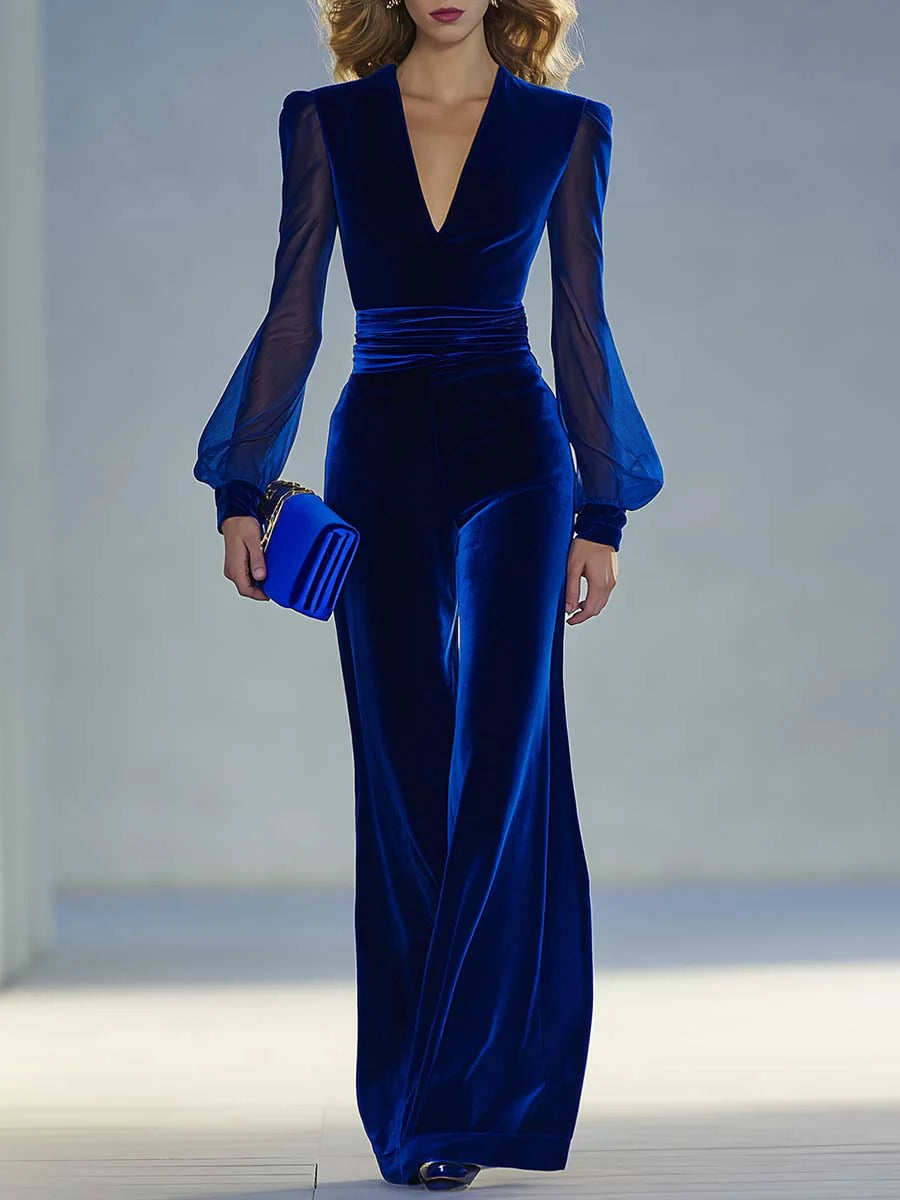 Victoria | Retro V-neck Velvet Jumpsuit