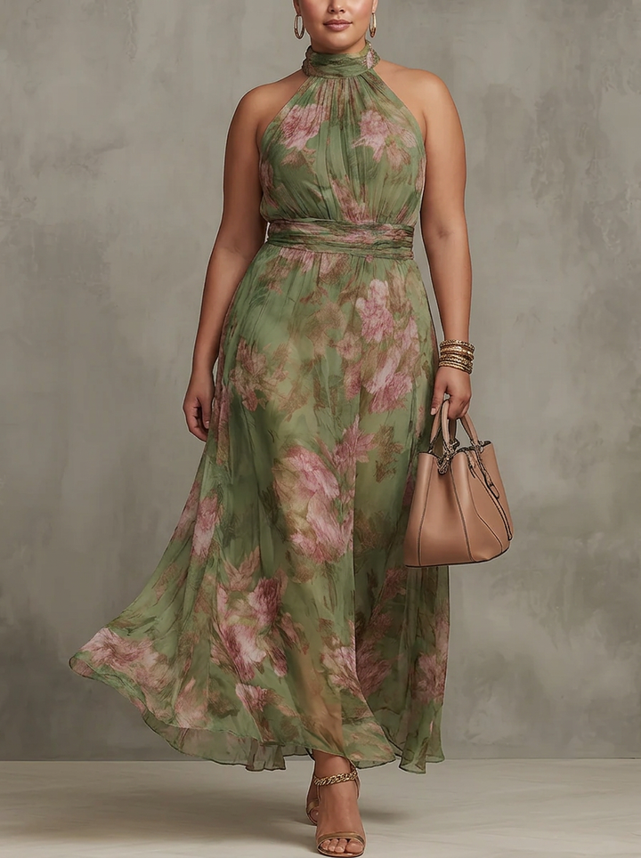 Florence | Green Floral Chiffon Halter Maxi Dress