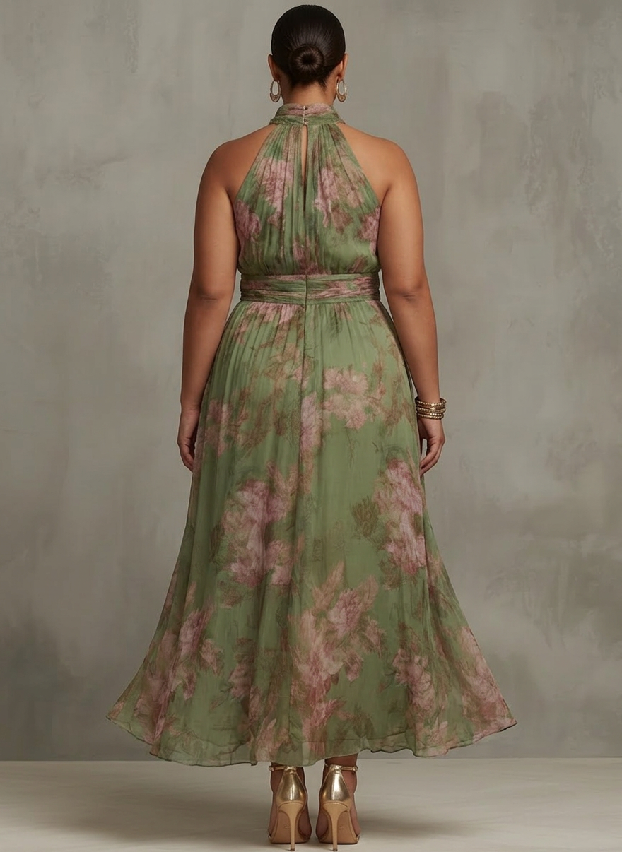 Florence | Green Floral Chiffon Halter Maxi Dress