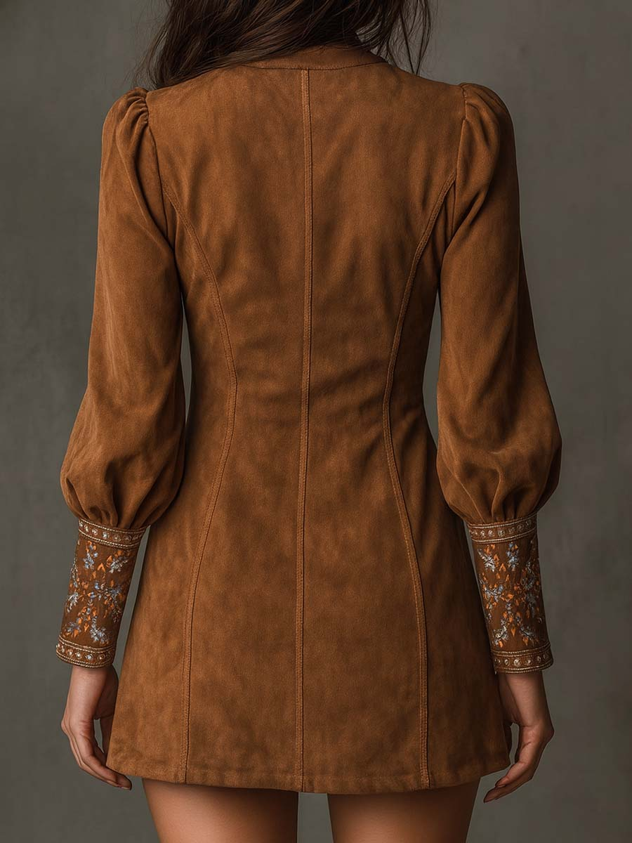 Vintage Brown V-Neck Suede Embroidered Mini Dress