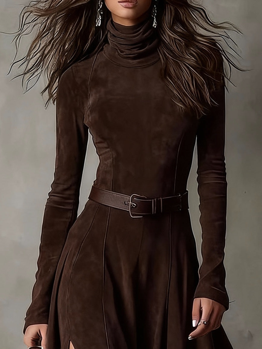 Dark brown maxi dress made of faux suede with a turtleneck and long sleeves (including belt)