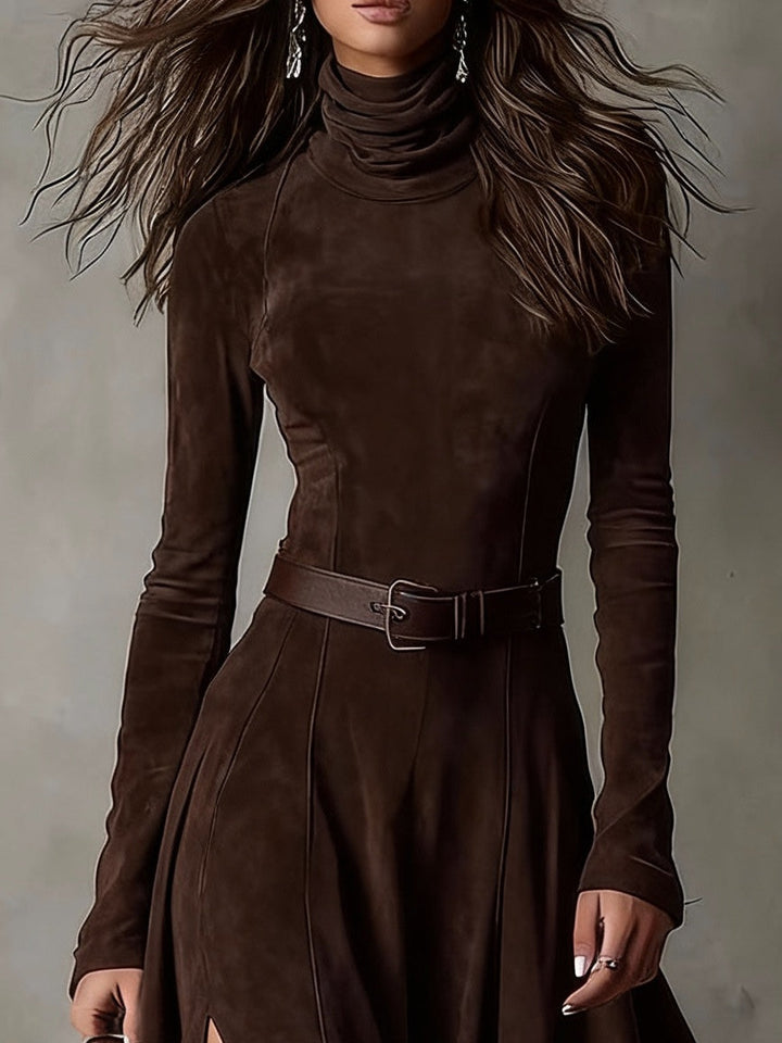 Dark brown maxi dress made of faux suede with a turtleneck and long sleeves (including belt)