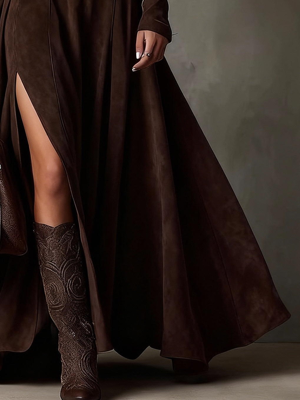 Dark brown maxi dress made of faux suede with a turtleneck and long sleeves (including belt)