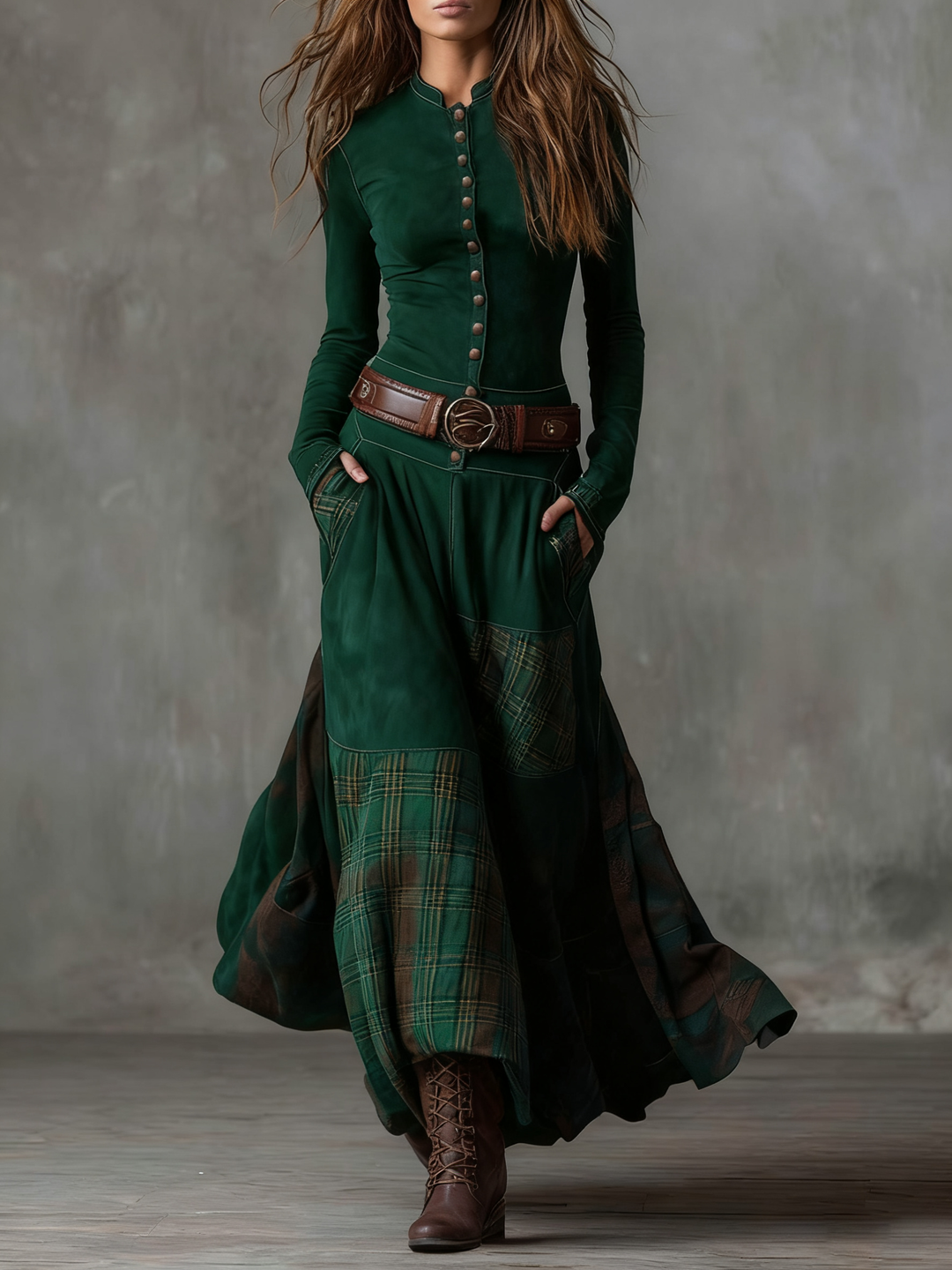 Navy Plaid Paneled Vintage Suede Maxi Dress(with belt)