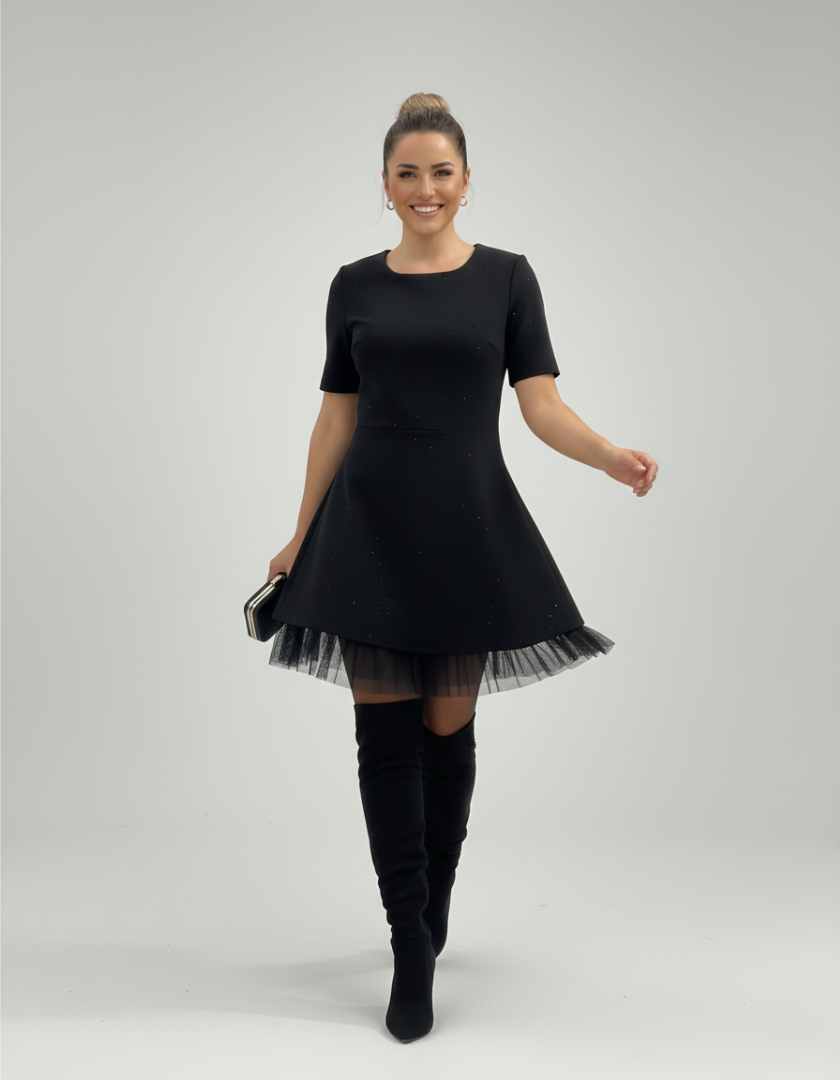Martina - Black Flared Dress with Shiny Details and Tulle Hem