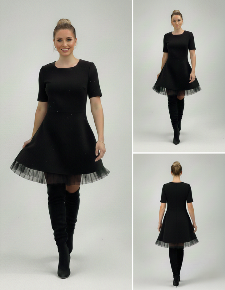 Martina - Black Flared Dress with Shiny Details and Tulle Hem