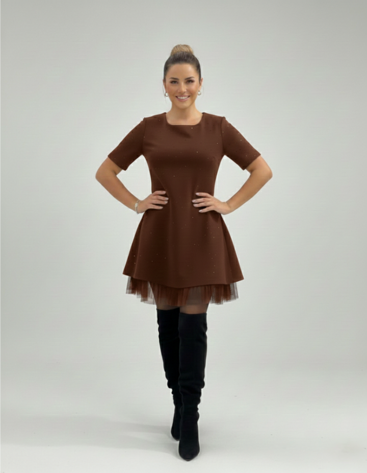 Martina - Black Flared Dress with Shiny Details and Tulle Hem