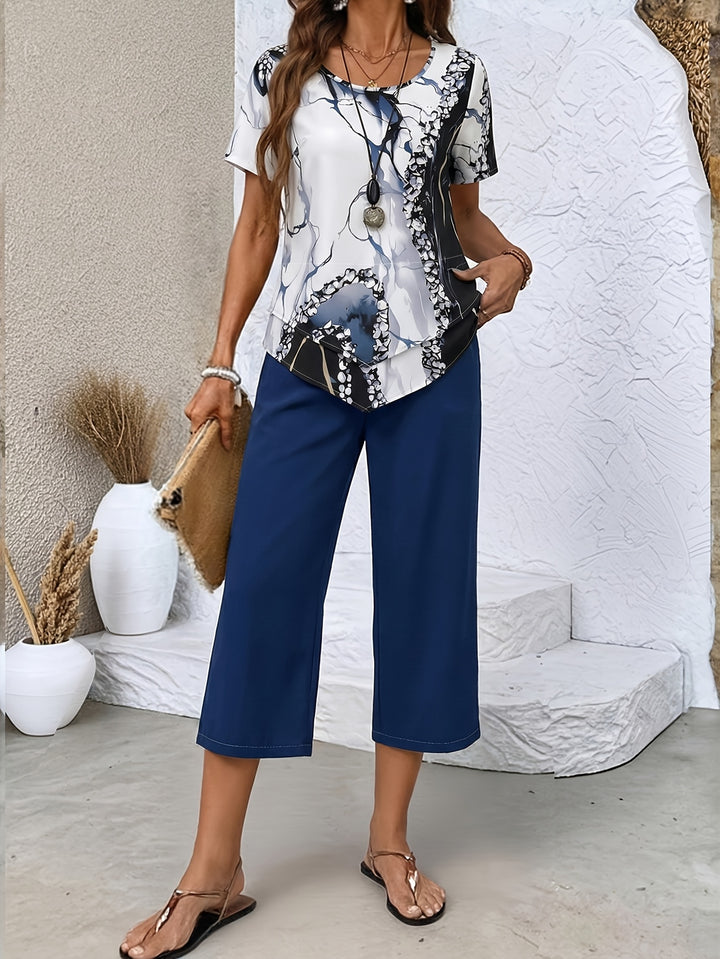 Women's Casual Short-sleeved Top + Solid Color Shorts