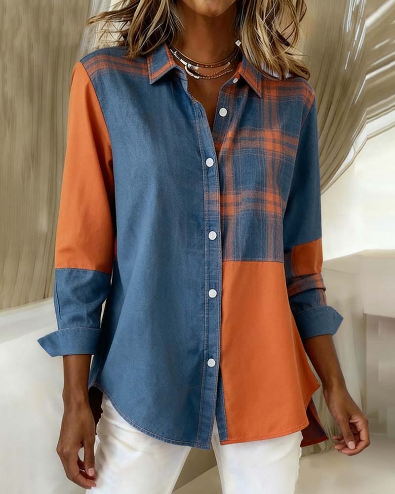 Laluna® | Shirt with Notched Collar and Checked Contrast Design