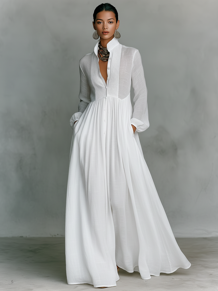 Françoise | Robe Maxi Lin Patchwork Col Montant