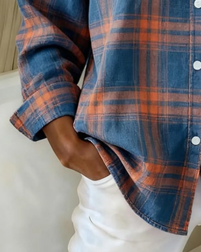 Laluna® | Shirt with Check Pattern and Notched Collar