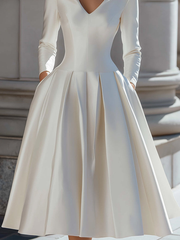 Marie – Elegant Satin V-Neck Pleated A-Line Midi Dress