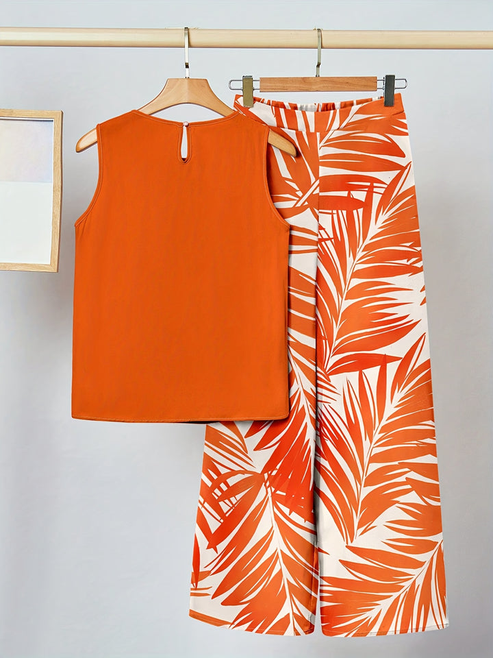 [Orange Vacation Outfit] 2pcs Set Women's Orange Printed Vacation Outfit, Suitable for Summer Women's Summer Vacation Wear Women's Elegant Vacation Wear Women's Beach Vacation Wear Women's Summer Vacation Wear Women's Island Vacation Wear