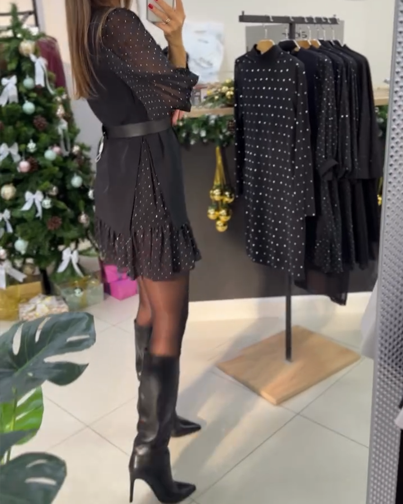 Serena - Elegant Black Dress with Sheer Sleeves and Jewel Belt