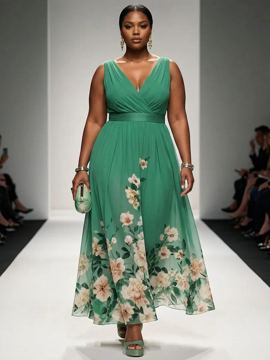 Rose | Light Blue Floral Chiffon V-Neck Maxi Dress