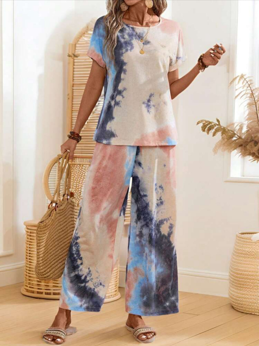 Spring Summer Casual Tie-Dye Printed Round Neck Short Sleeve Top T-Shirt, Drawstring Elastic Waist Straight Long Pants Women'S Pants Set