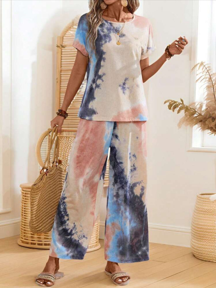 Spring Summer Casual Tie-Dye Printed Round Neck Short Sleeve Top T-Shirt, Drawstring Elastic Waist Straight Long Pants Women'S Pants Set
