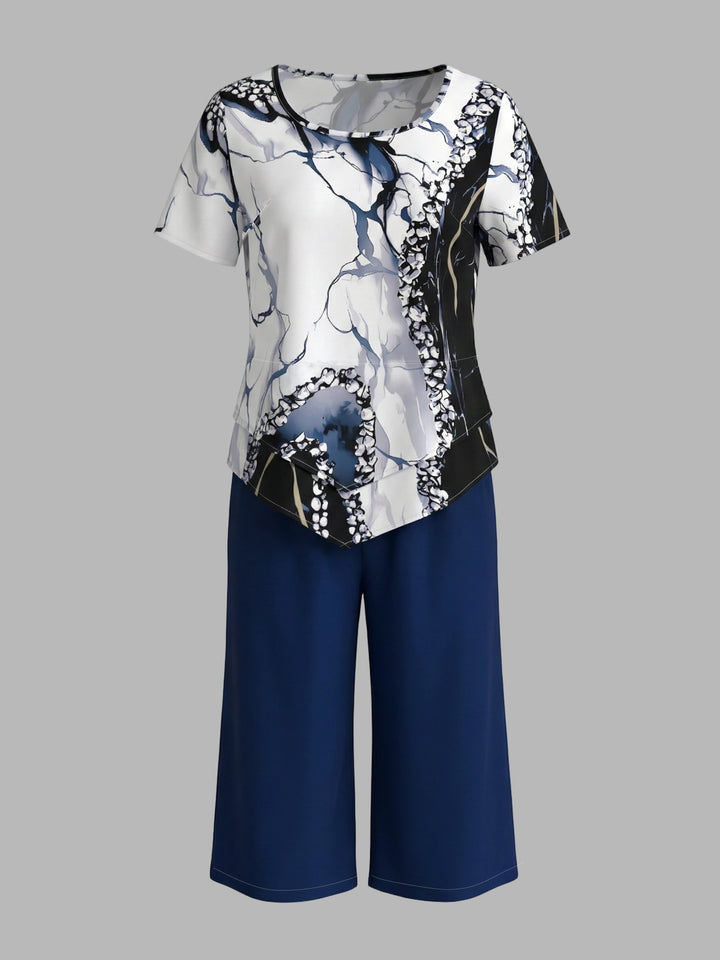Women's Casual Short-sleeved Top + Solid Color Shorts