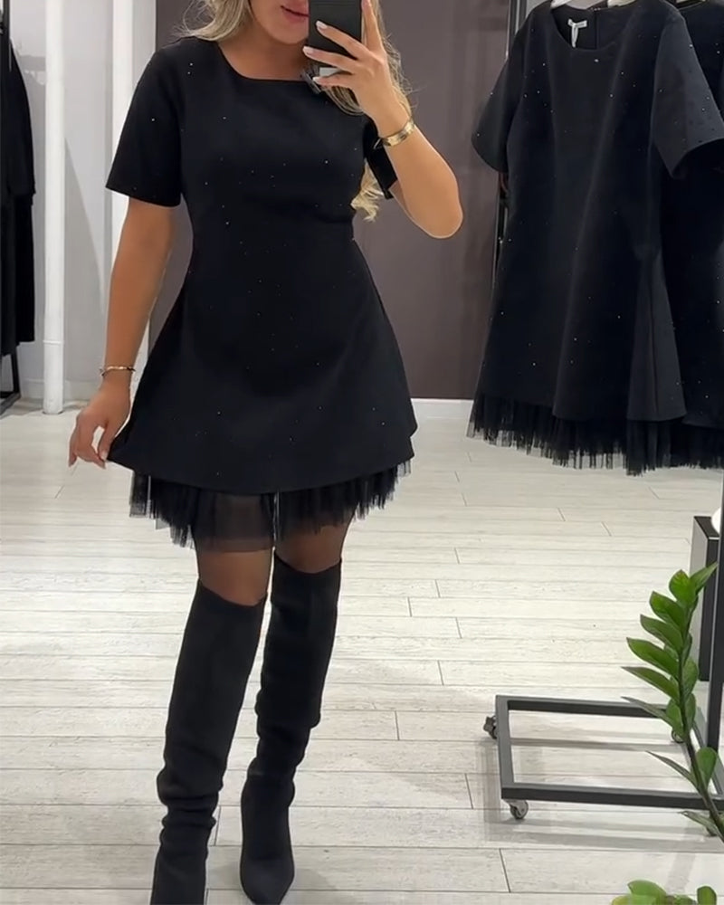 Martina - Black Flared Dress with Shiny Details and Tulle Hem
