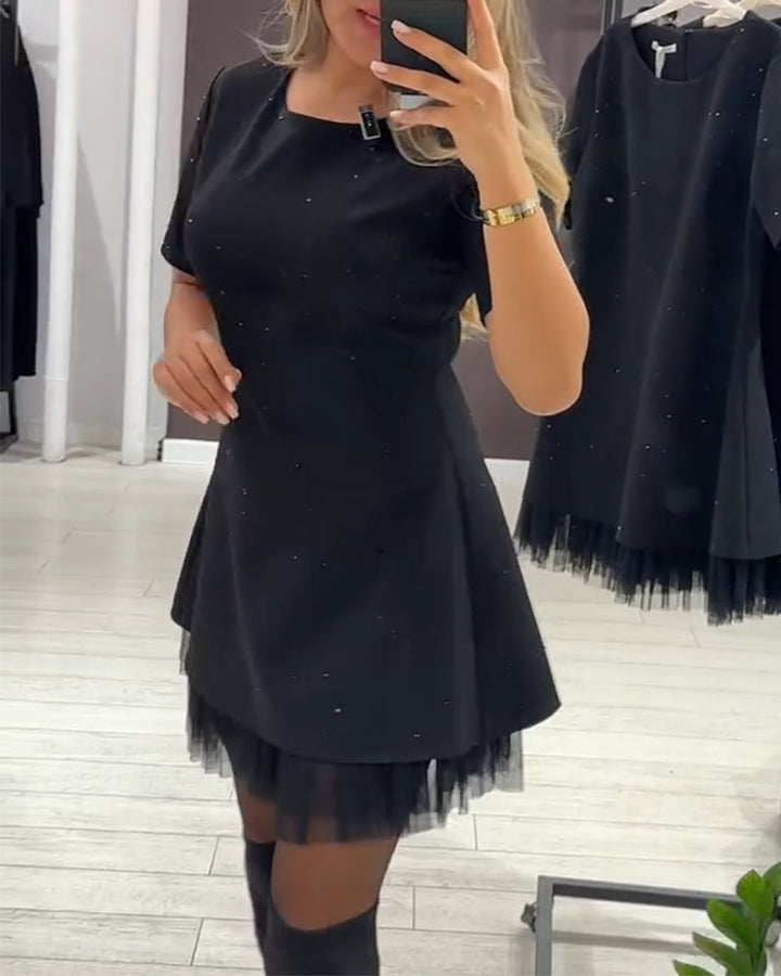 Martina - Black Flared Dress with Shiny Details and Tulle Hem