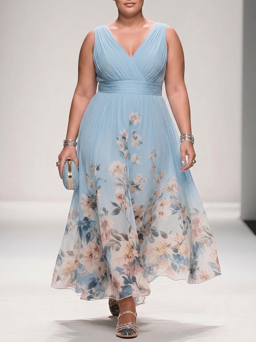 Rose | Light Blue Floral Chiffon V-Neck Maxi Dress