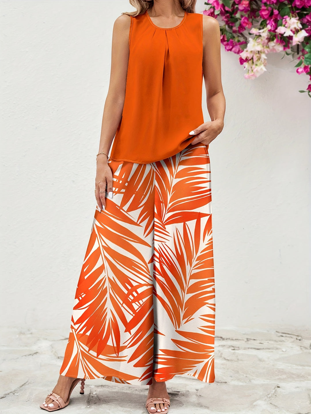 [Orange Vacation Outfit] 2pcs Set Women's Orange Printed Vacation Outfit, Suitable for Summer Women's Summer Vacation Wear Women's Elegant Vacation Wear Women's Beach Vacation Wear Women's Summer Vacation Wear Women's Island Vacation Wear