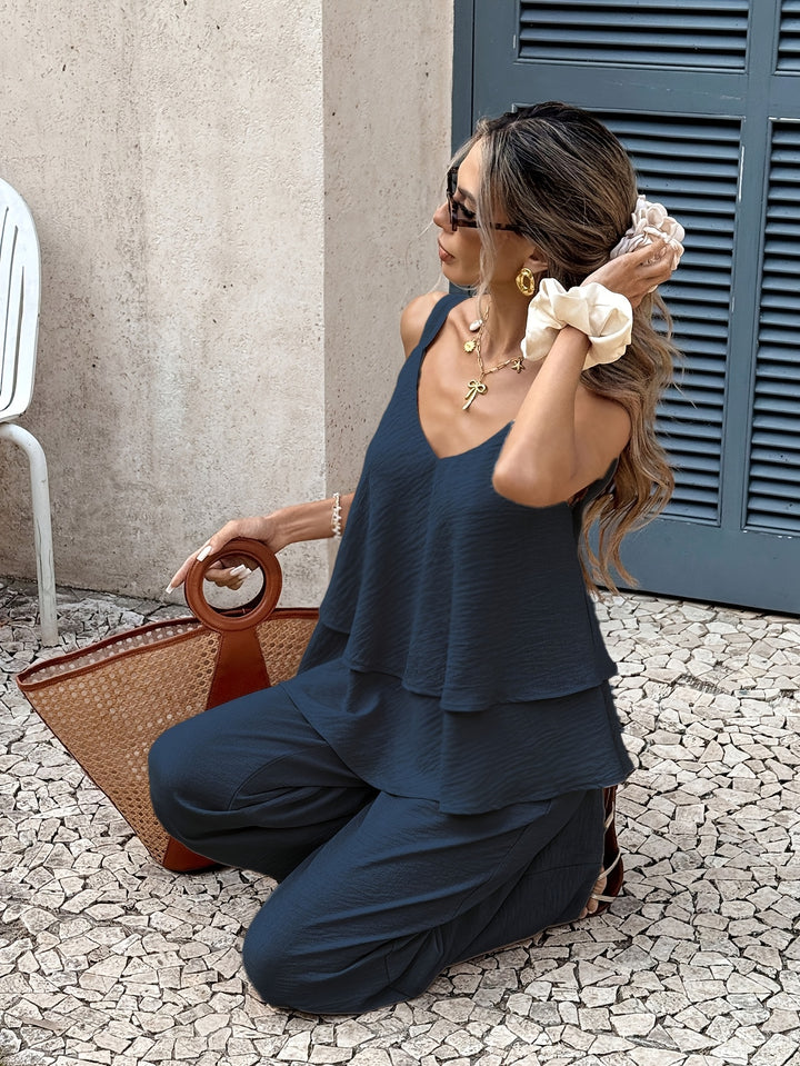 Women's Casual Set - Ruffled Top & Wide-Leg Pants Vacation Ladies