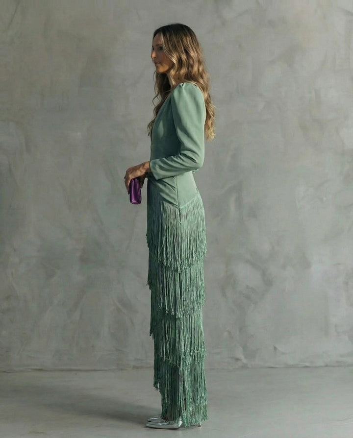 Elara™ | Elegant midi dress with fringe sleeves