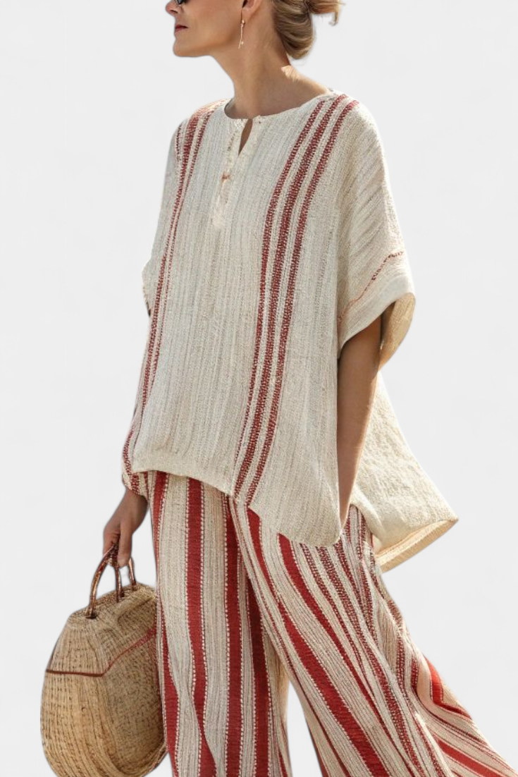 Mirella – structured red striped top and linen pants