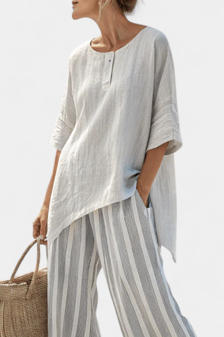 Fiorella – elegant asymmetric blouse and striped pants