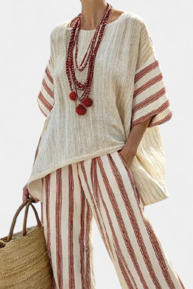 Rosalinda – Elegant rustic striped top and cream linen pants