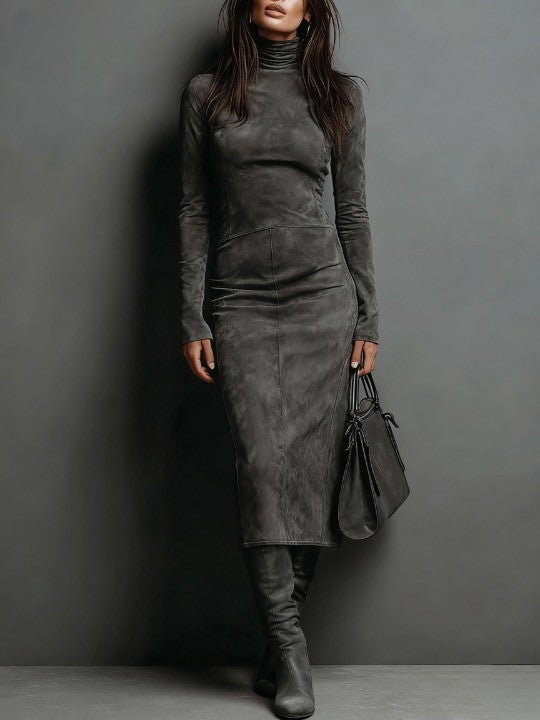 Midi dress with long sleeves made of suede with a high neckline