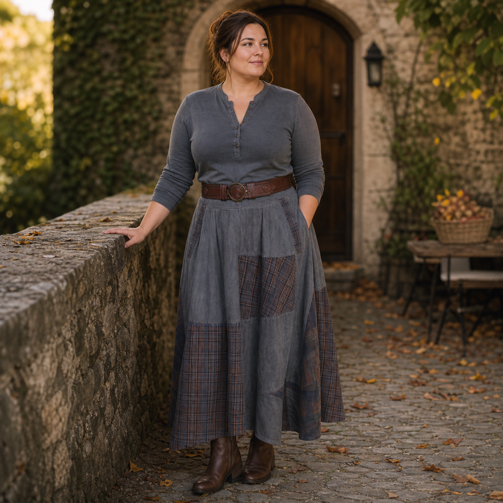 Leonora | Vintage Long Dress in Navy Blue Suede Check (Includes Belt)
