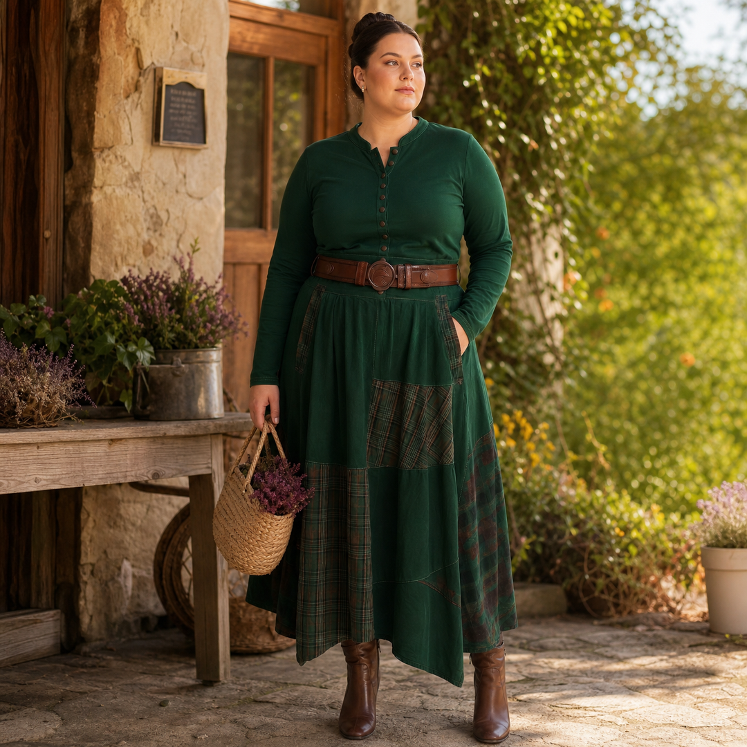 Leonora | Vintage Long Dress in Navy Blue Suede Check (Includes Belt)