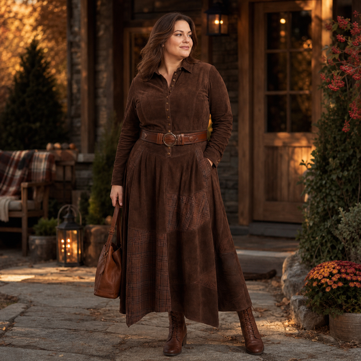 Leonora | Vintage Long Dress in Navy Blue Suede Check (Includes Belt)
