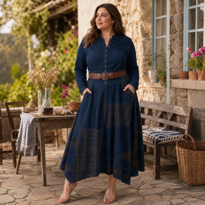 Leonora | Vintage Long Dress in Navy Blue Suede Check (Includes Belt)