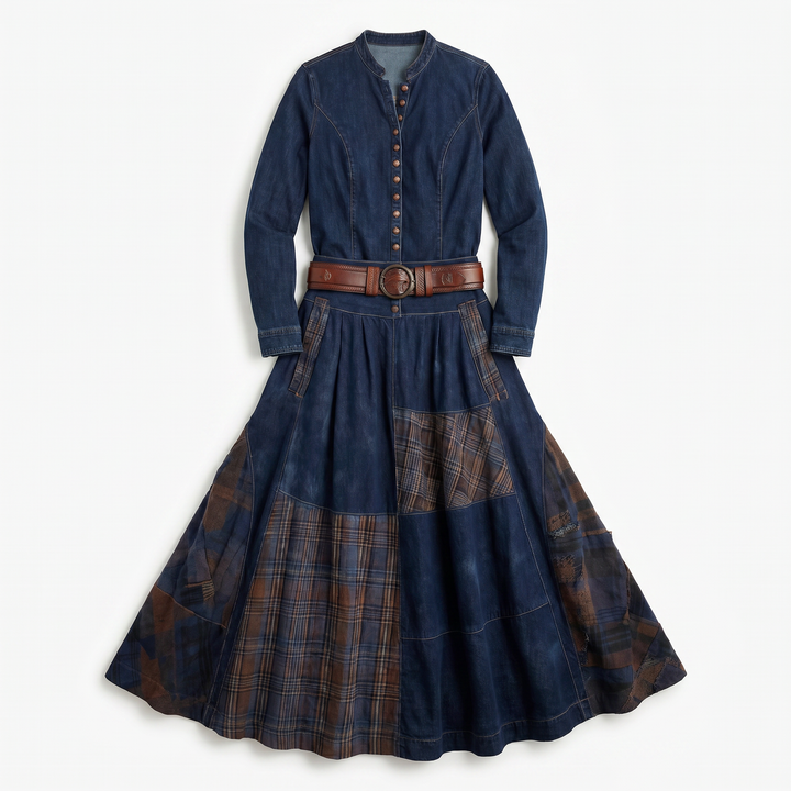 Leonora | Vintage Long Dress in Navy Blue Suede Check (Includes Belt)