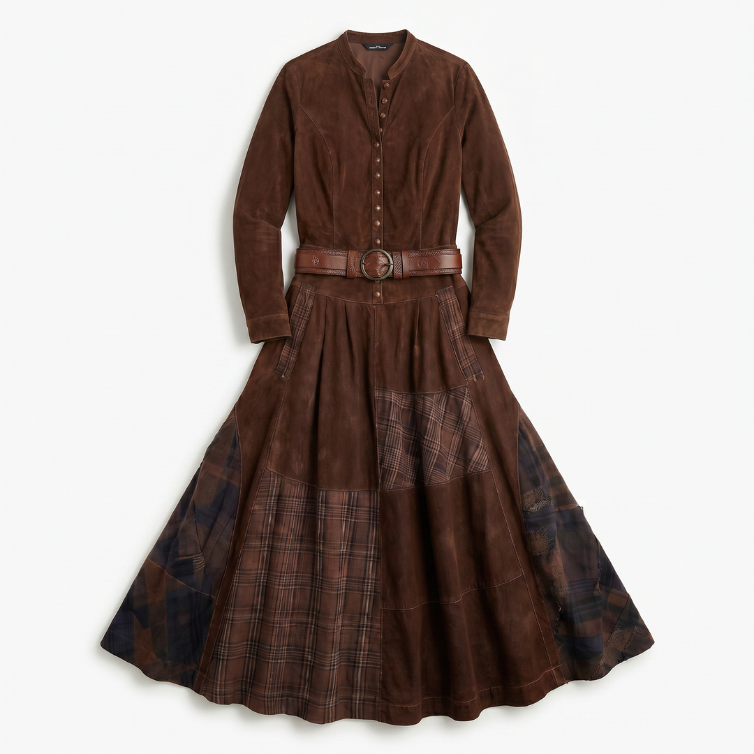 Leonora | Vintage Long Dress in Navy Blue Suede Check (Includes Belt)