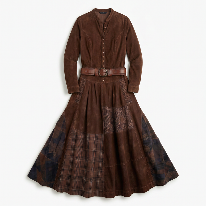 Leonora | Vintage Long Dress in Navy Blue Suede Check (Includes Belt)