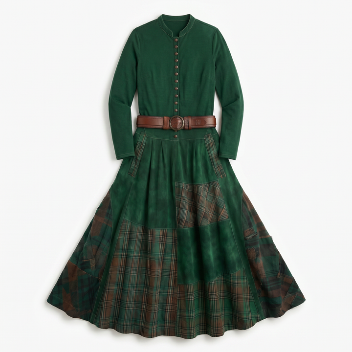Leonora | Vintage Long Dress in Navy Blue Suede Check (Includes Belt)