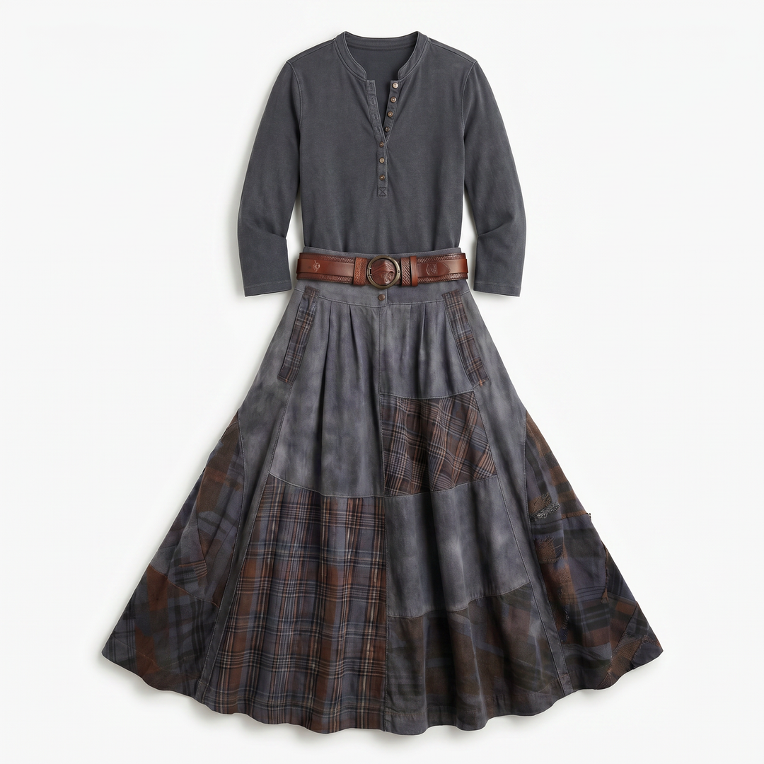 Leonora | Vintage Long Dress in Navy Blue Suede Check (Includes Belt)