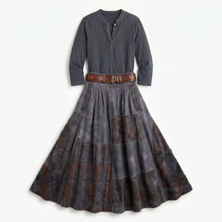 Leonora | Vintage Long Dress in Navy Blue Suede Check (Includes Belt)