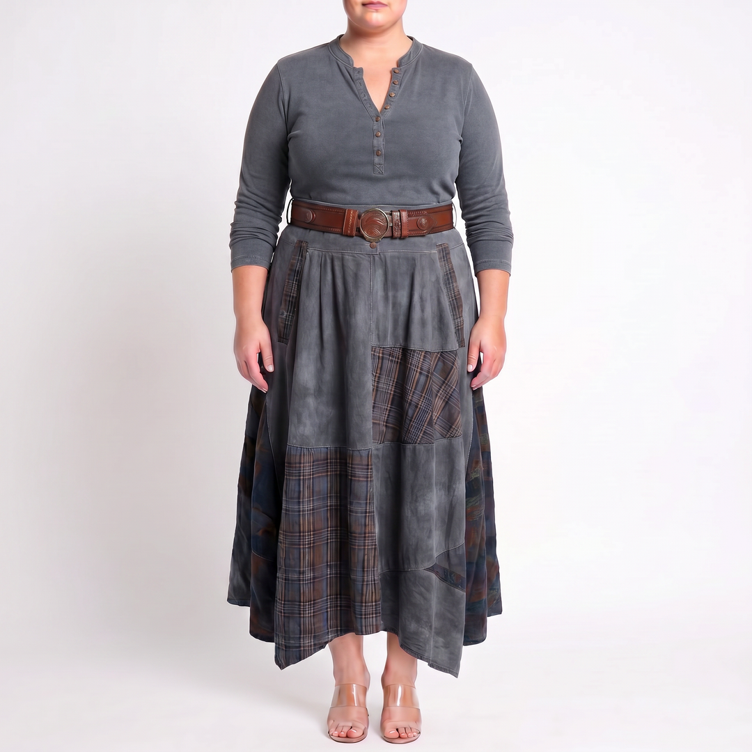 Leonora | Vintage Long Dress in Navy Blue Suede Check (Includes Belt)