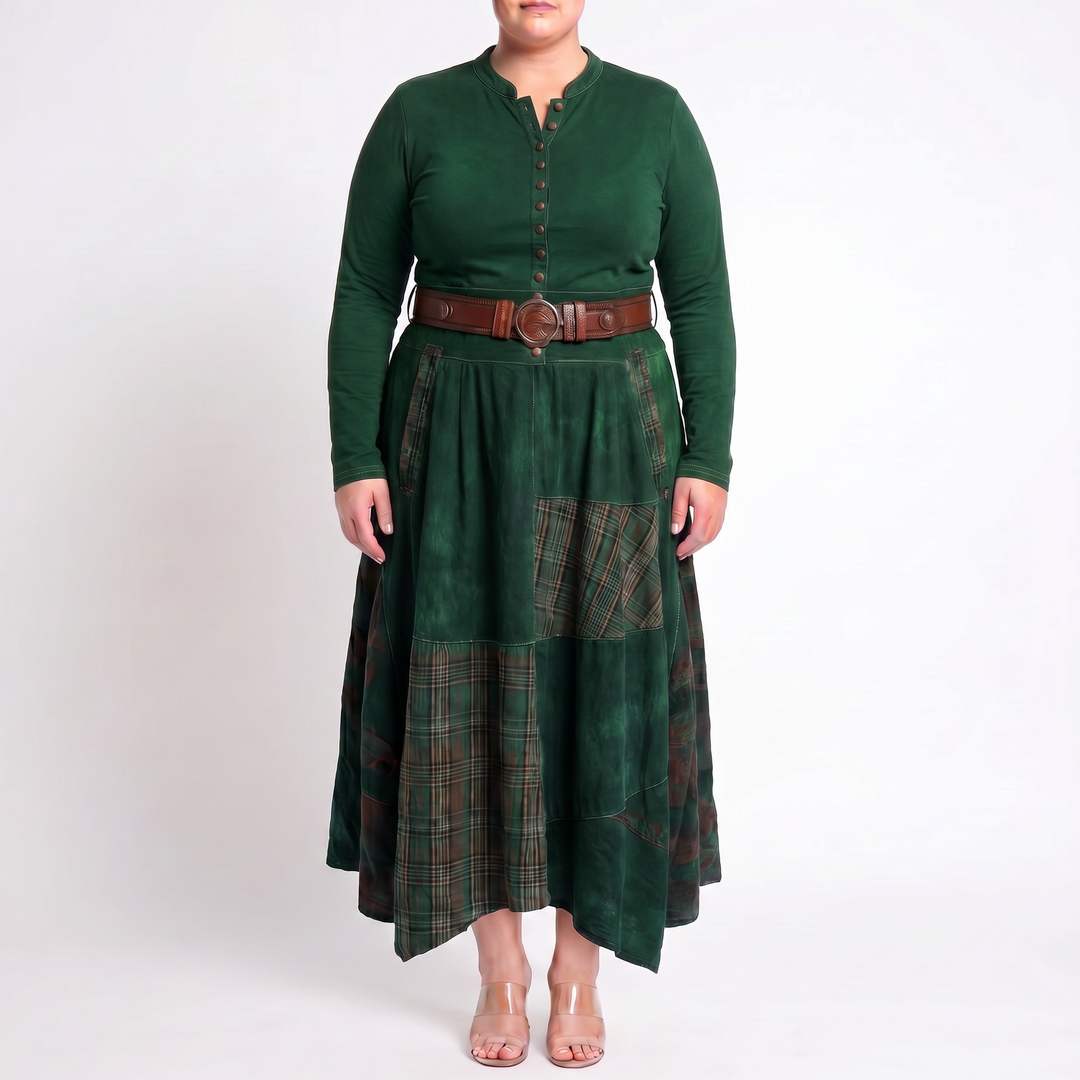 Leonora | Vintage Long Dress in Navy Blue Suede Check (Includes Belt)