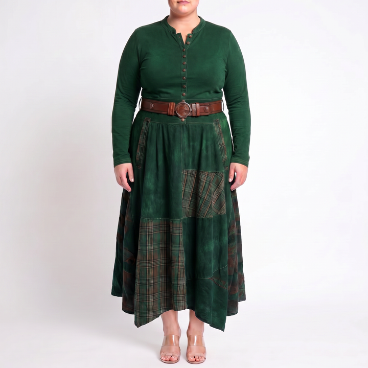 Leonora | Vintage Long Dress in Navy Blue Suede Check (Includes Belt)
